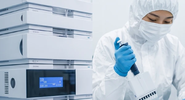 GENEGLOW BIOTECH Singapore R&D center utilizing high-precision analytical equipment for advanced skincare formulation and transdermal delivery research.