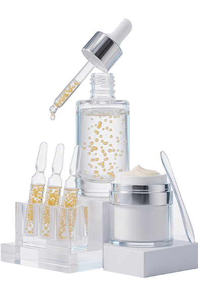 GENEGLOW BIOTECH Singapore presents a high-end skincare CDMO finished product showcase, featuring micro-encapsulated golden bead serum, clinical-grade glass ampoules, and a premium airless pump cream jar, representing our 6-step integrated development process for global beauty brands.