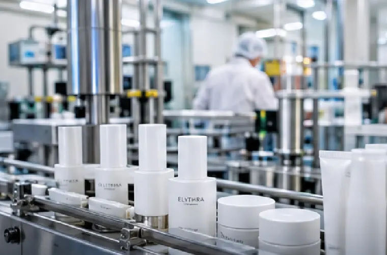 Skincare OEM production line filling a minimum order quantity batch of serum bottles