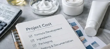 Skincare product development cost planning with packaging components and a production schedule