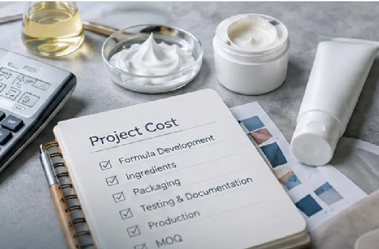 Skincare product development cost planning with packaging components and a production schedule